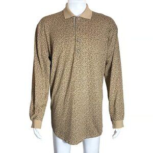 Axis Shirt Mens L Tan Chevron Print Long Sleeve Cotton Knit Polo Vintage 1990s